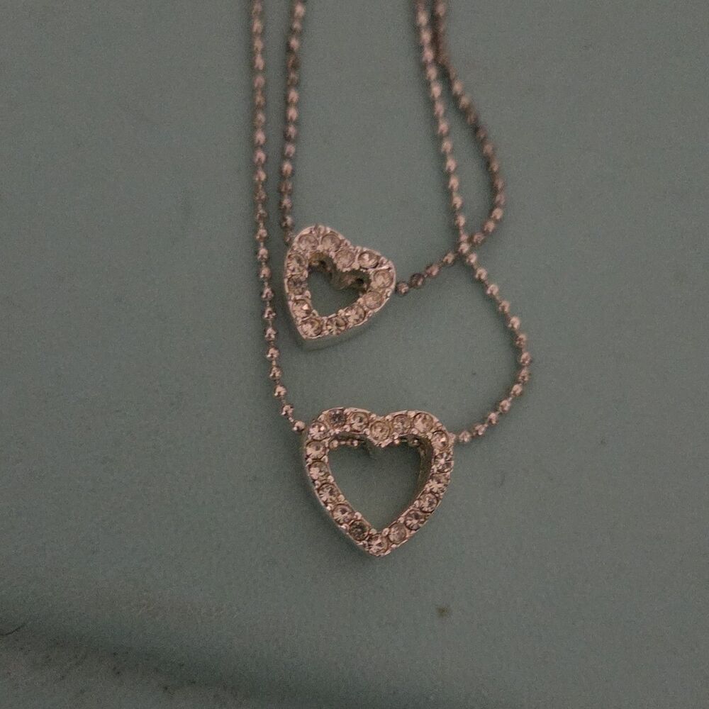 Vintage Avon Silver Double Heart Pendant Charm Necklace Ball/Bead Chain Signed
